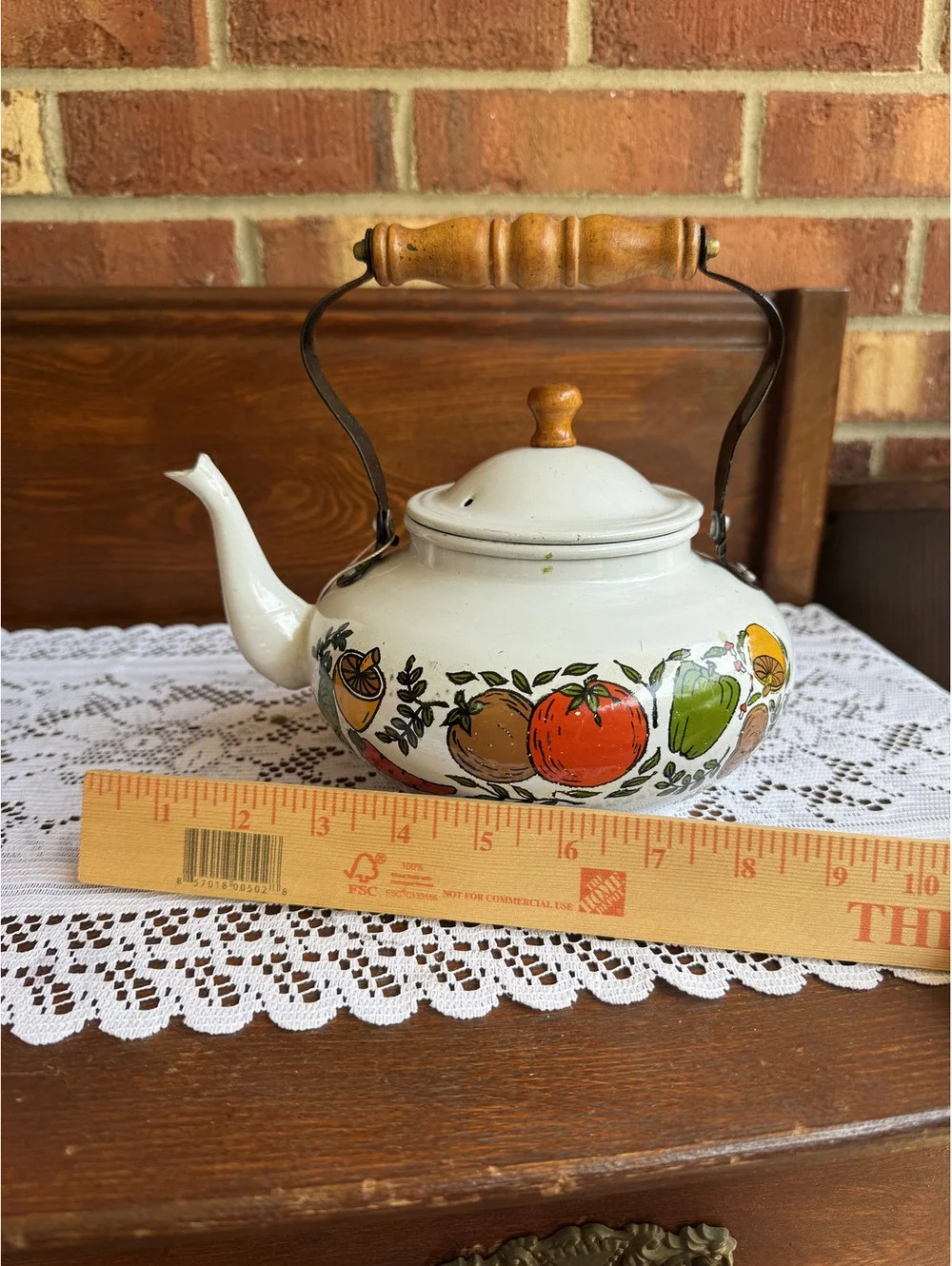 Vintage Enamel Teapot with Wooden Handle and Veggie and Mushroom Design